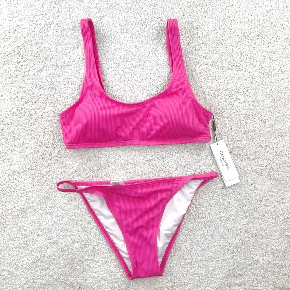 Calvin Klein Pink Ribbed‎ Bikini Set NWT Scoop Neck Cheeky Bottoms Large UPF 50+